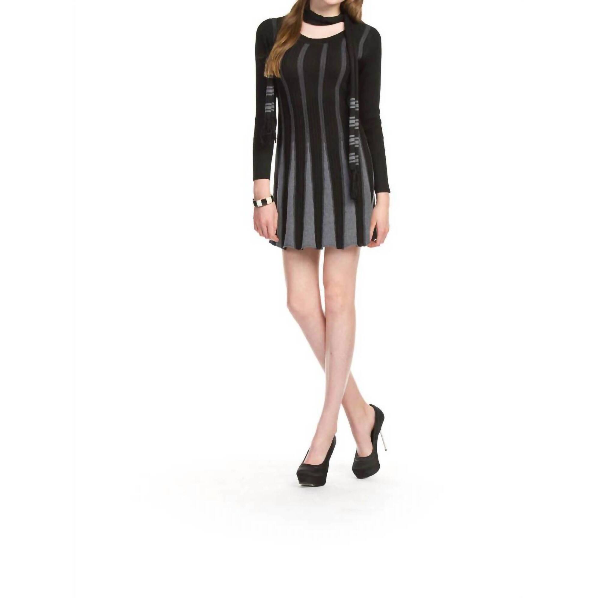 New Papillon Striped Long Sleeve Sweater Dress And Scarf In Black/Grey